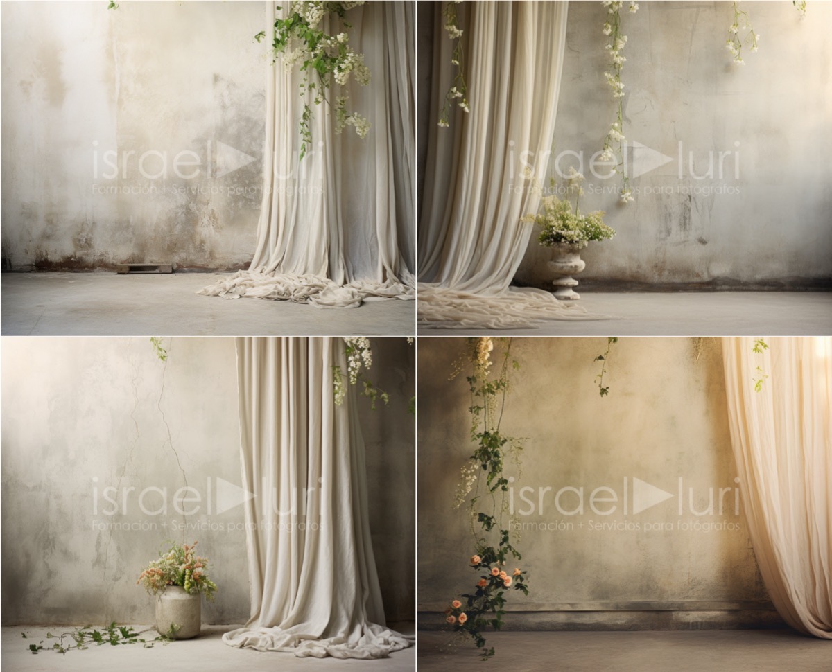 Fondos para Comuniones con cortinas y plantas colgantes para sesiones fotográficas elegantes.