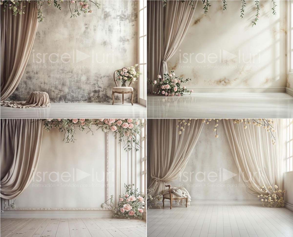 Escenario romántico con elementos vintage y florales para sesión fotográfica