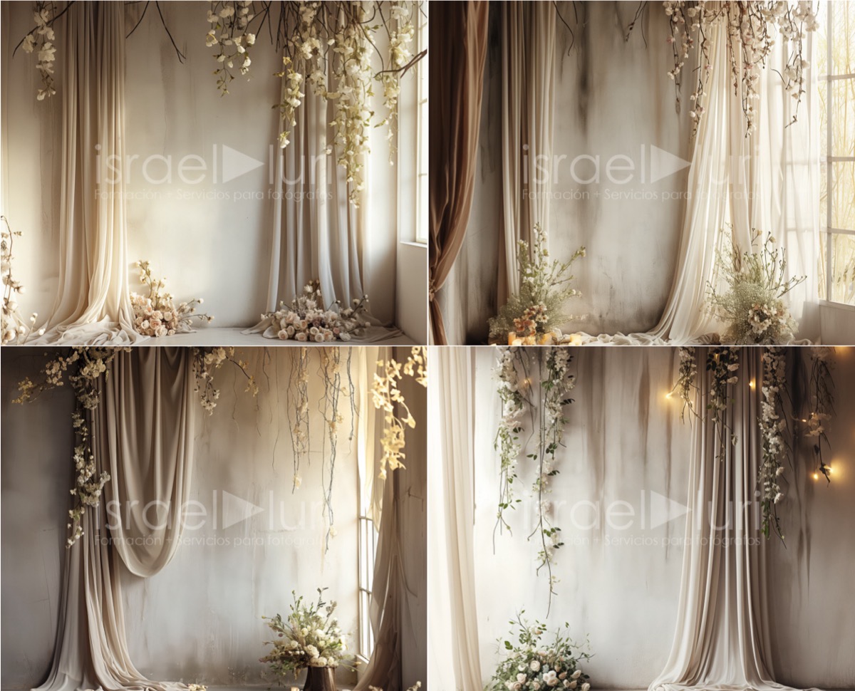 Un estudio fotográfico con decorados digitales florales, perfecto para capturar la elegancia natural.