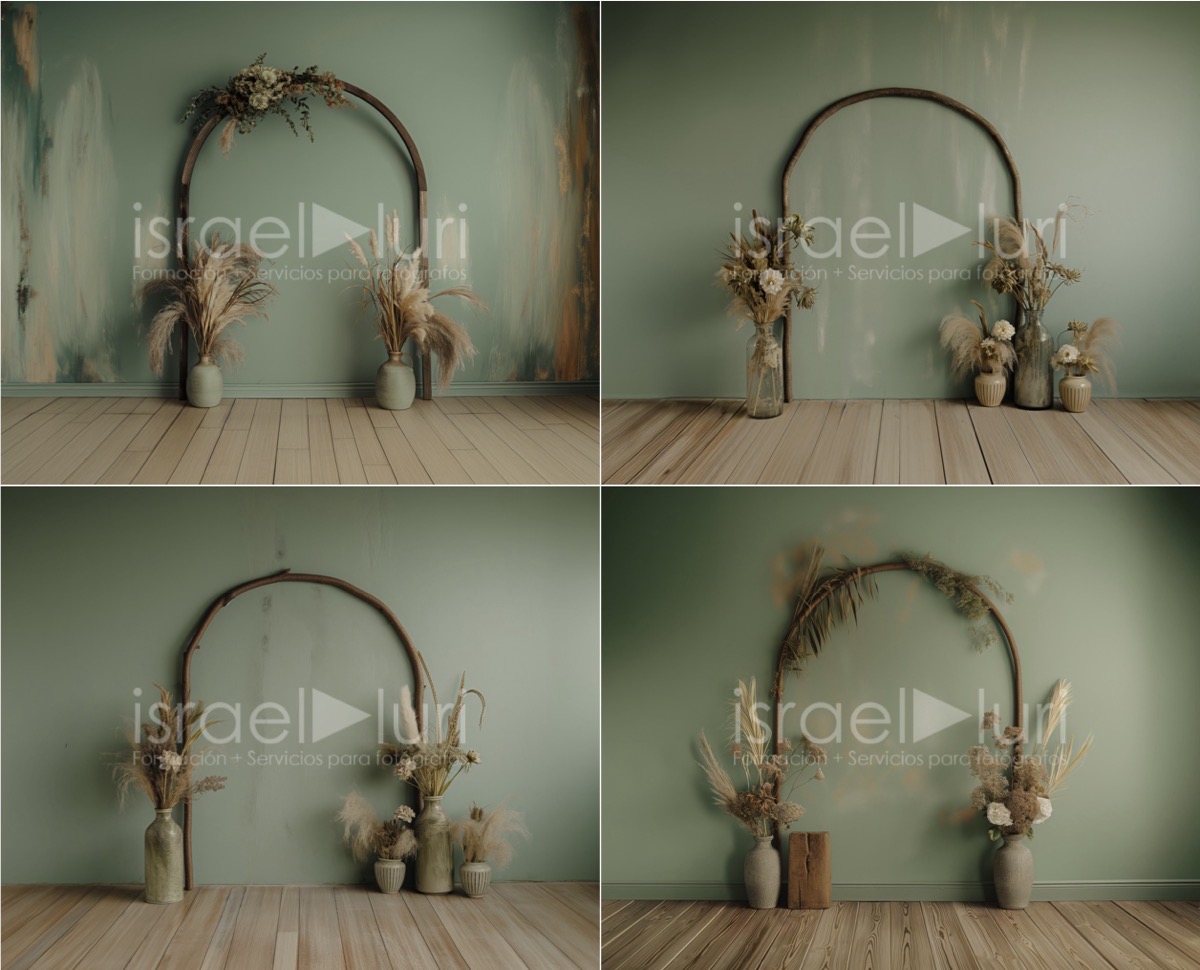 Recursos gráficos naturales para composiciones fotográficas, con arreglos florales y texturas de madera.