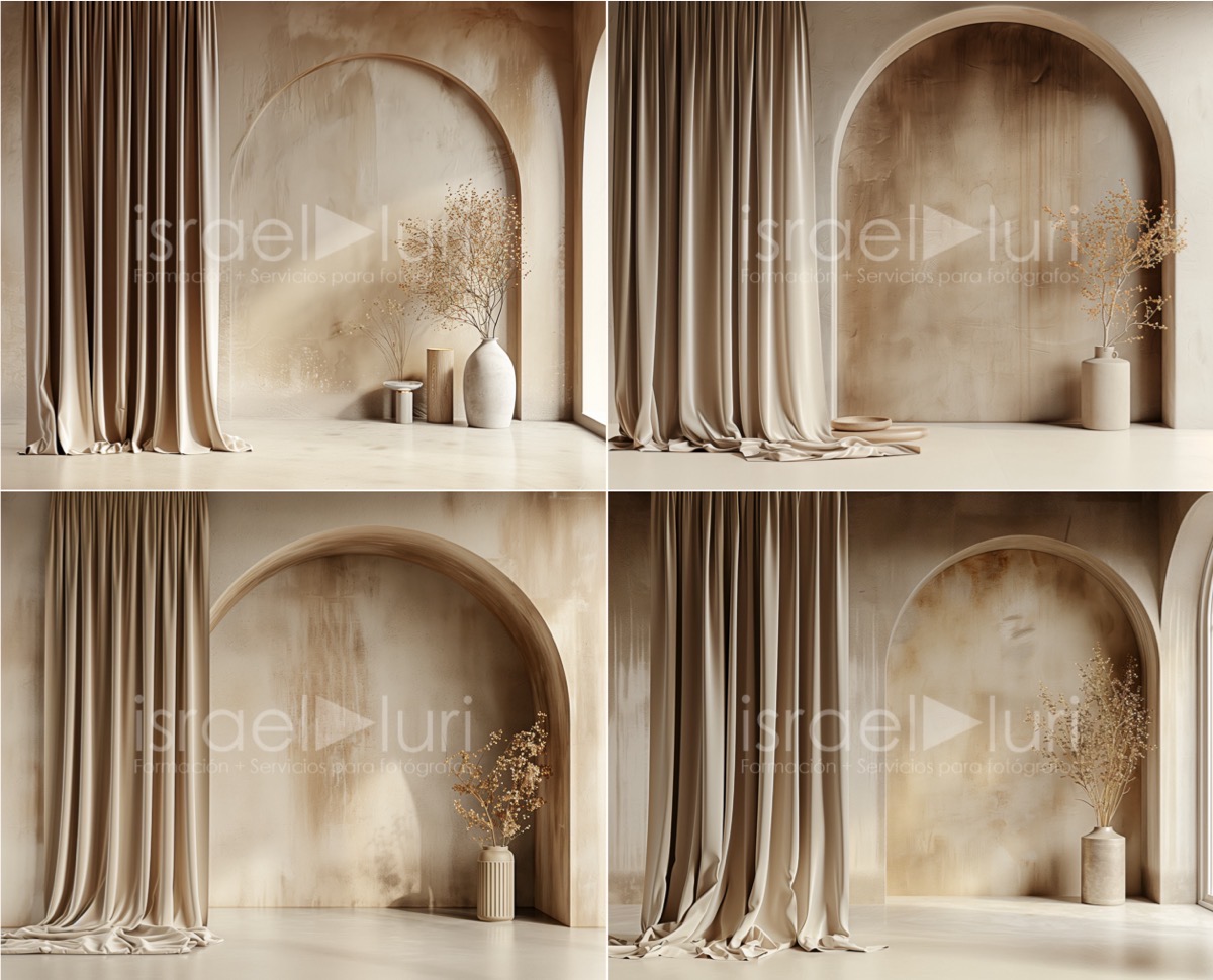 Textura arquitectónica de arco y cortina en tonos beige para uso en Photoshop