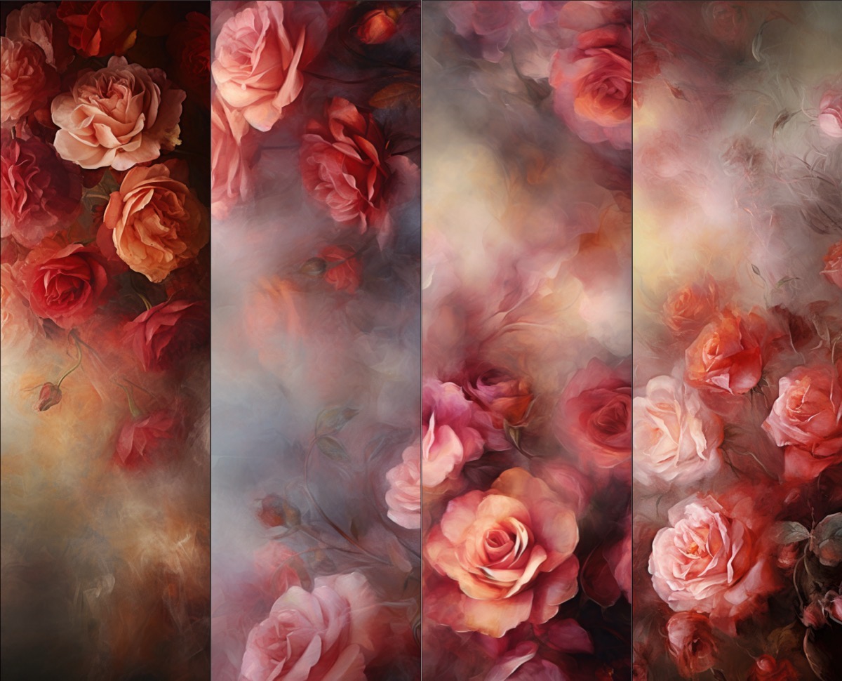 Colección "Susurros Florales" mostrando rosas delicadas y suaves, ideales para proyectos creativos y diseño gráfico.