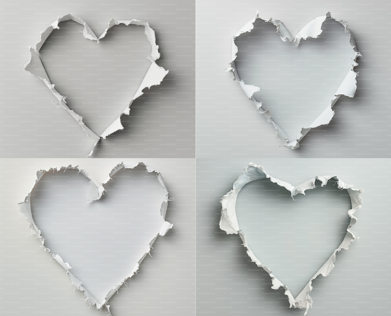 Corazones de papel con textura artística en fondo blanco para diseño gráfico