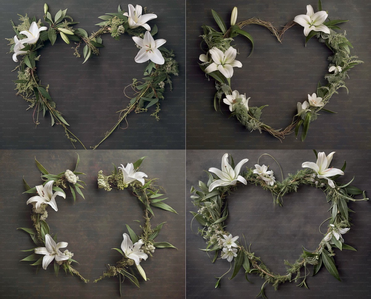 Corazones florales con lirios blancos para fotografía newborn