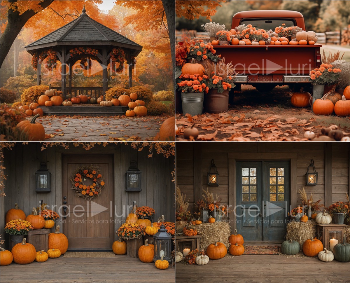 Escenarios clásicos de Halloween con calabazas y decoraciones rústicas para fotografía.