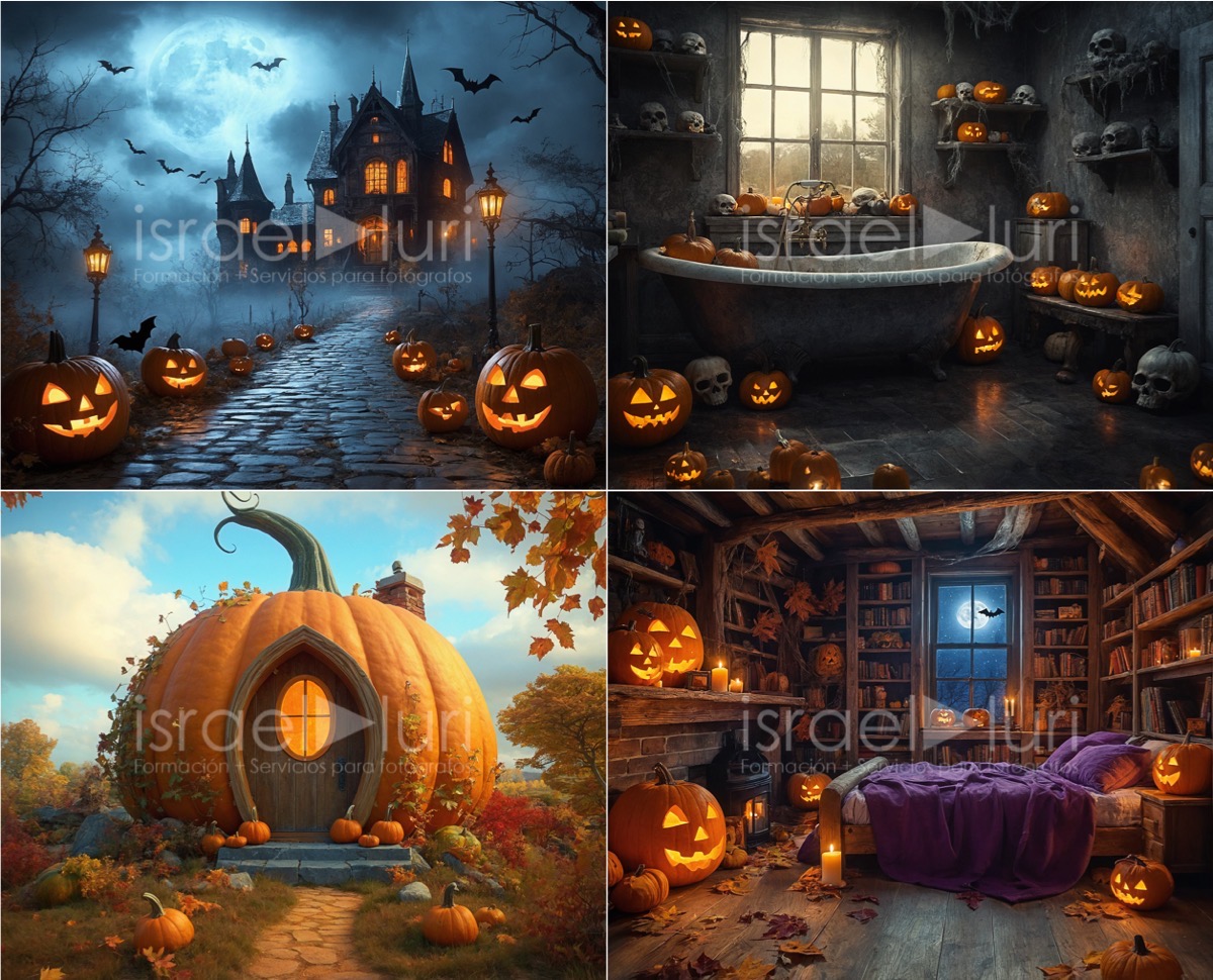 Escenarios de Halloween con decoración mágica y calabazas encantadas para fotografía.