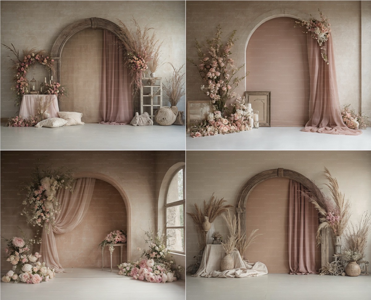 Fondos para fotografía con arco floral en tonos beige y rosa empolvado, decorados con flores y telas suaves.