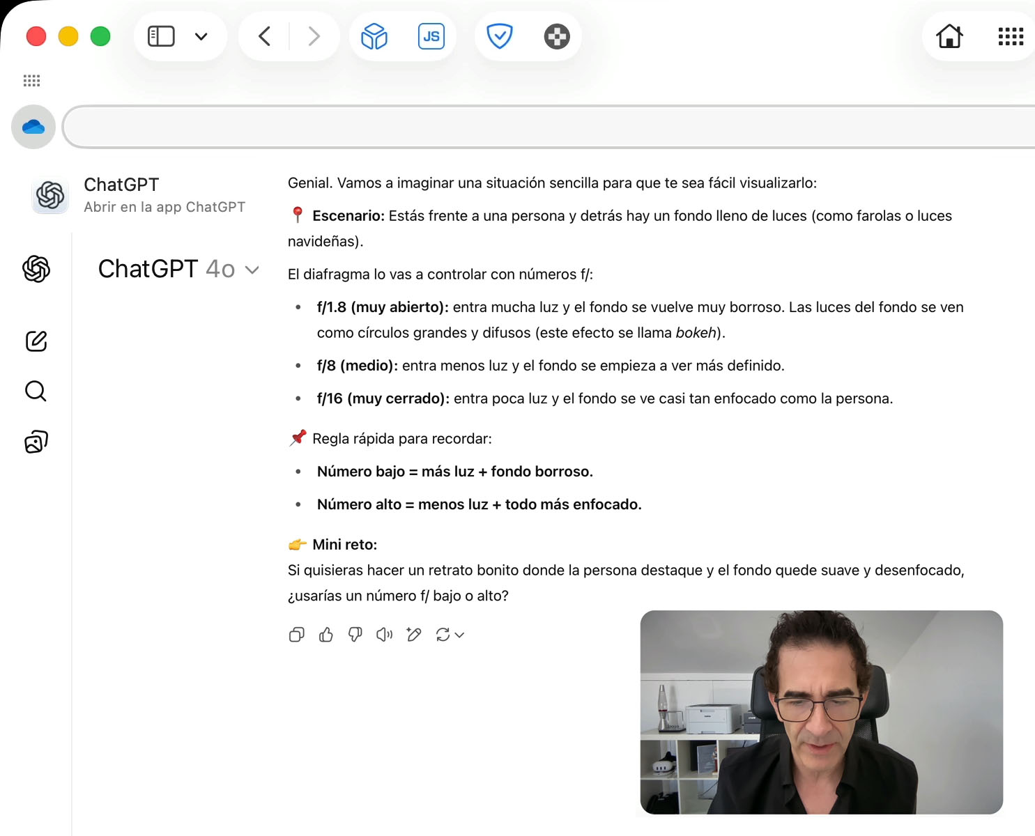 Captura del video mostrando la función Estudiar y Aprender en ChatGPT enseñando paso a paso