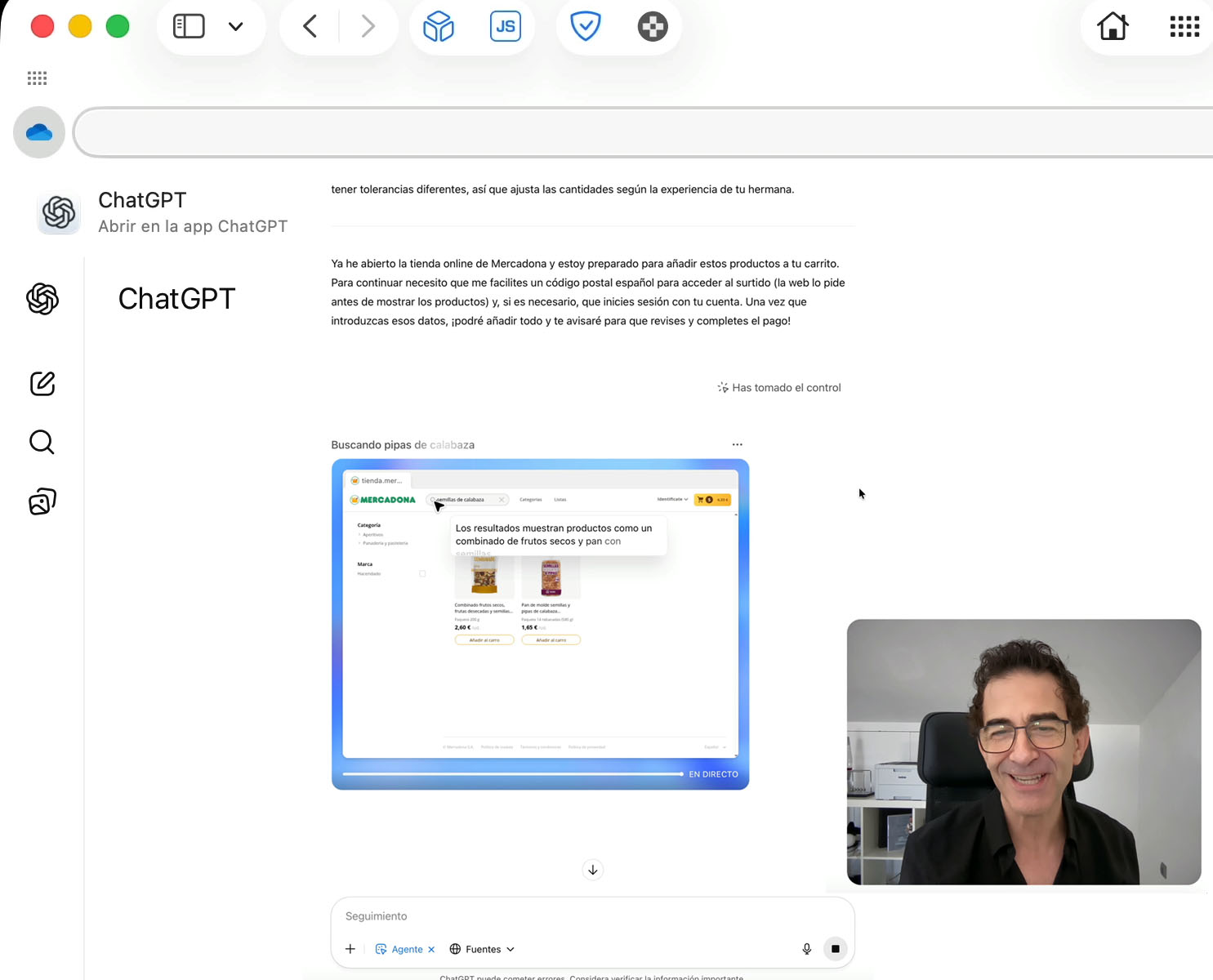 Captura del video mostrando el uso del Modo Agente en ChatGPT ejecutando tareas automáticas.