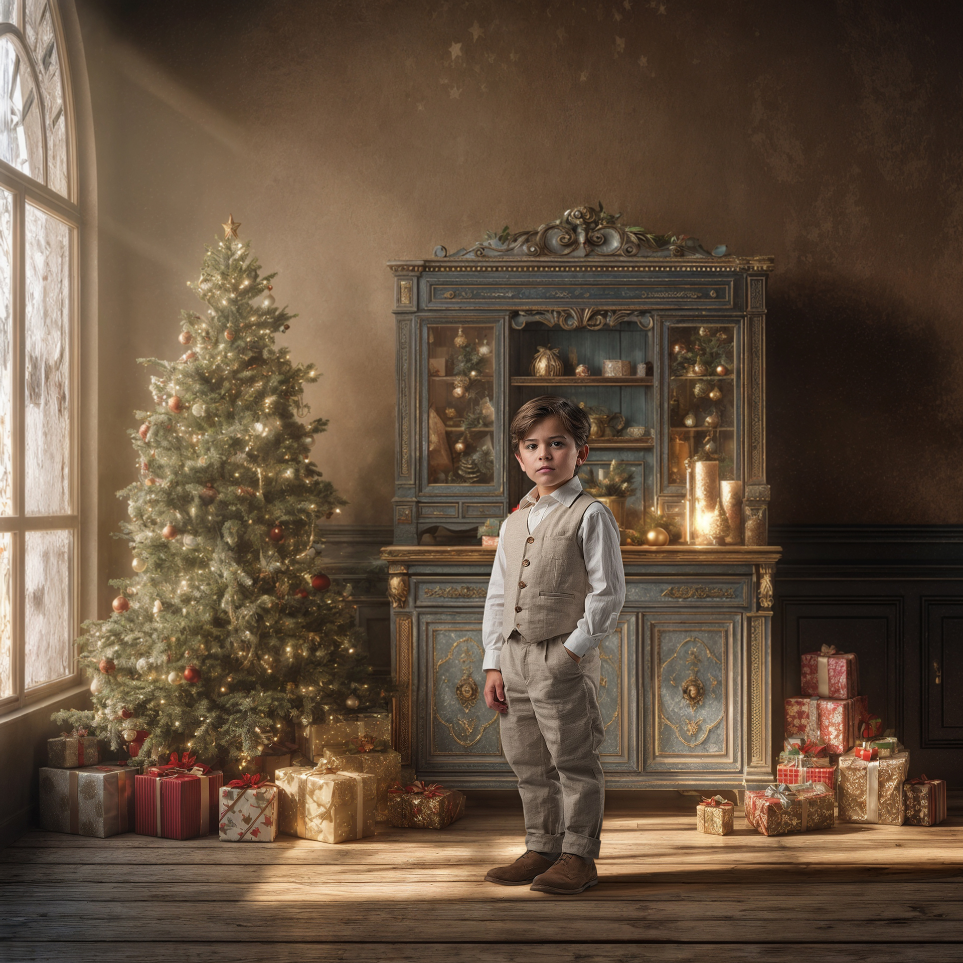 decoraciones navideñas vintage en estilo victoriano con árbol y regalos