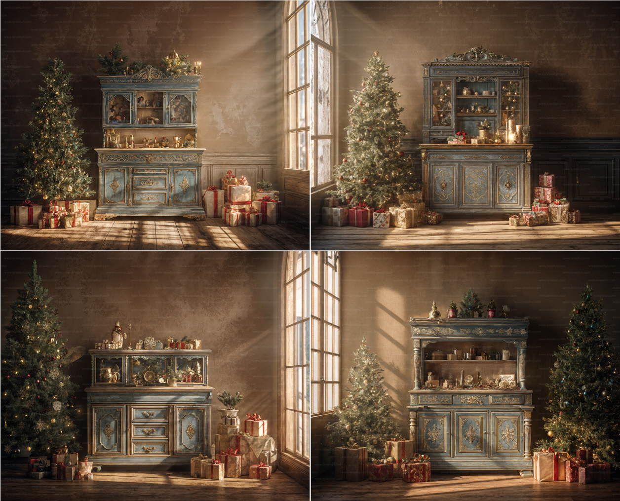 decoraciones navideñas vintage en estilo victoriano con árbol y regalos
