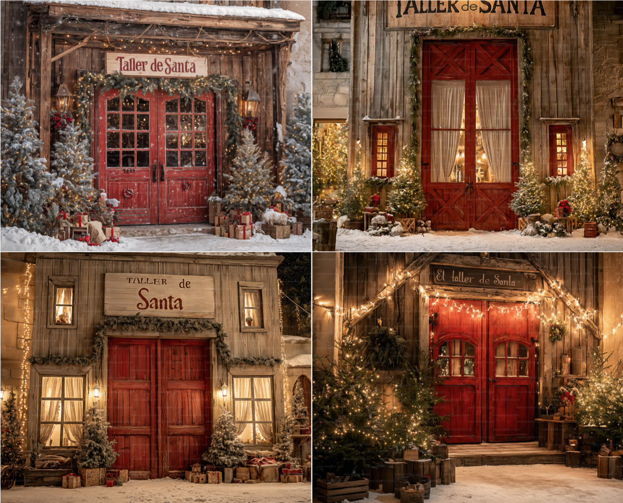 Fondo navideño del Taller de Santa con puertas rojas y decoración festiva