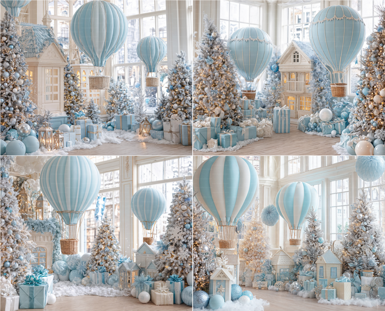 Decorado navideño con globos aerostáticos en tonos pastel