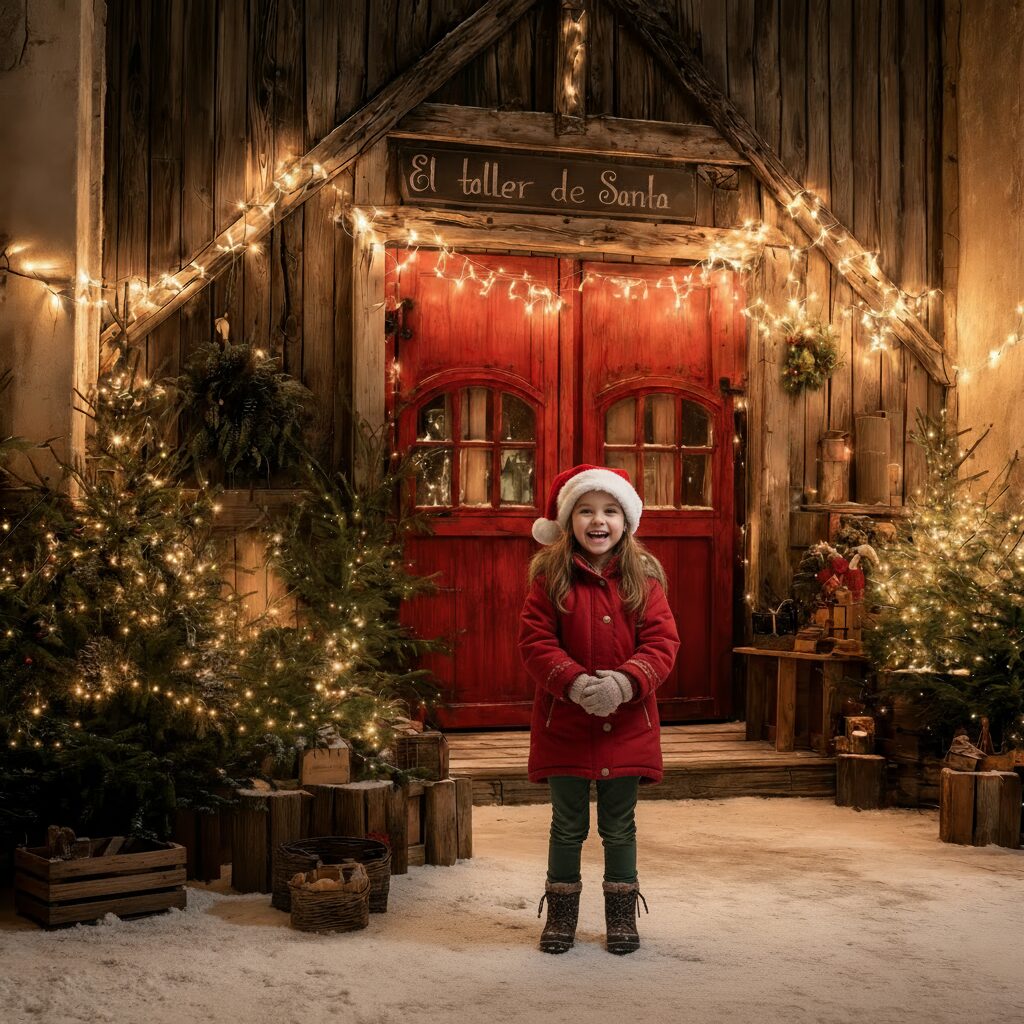 Fondo navideño del Taller de Santa con puertas rojas y decoración festiva