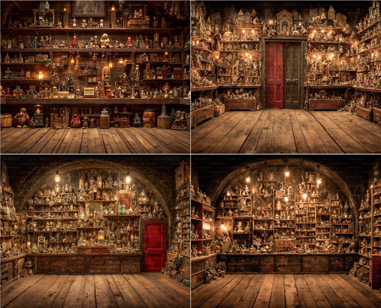 Estanterías de madera repletas de juguetes y figuras vintage en un taller iluminado con bombillas cálidas y suelo de tablones.