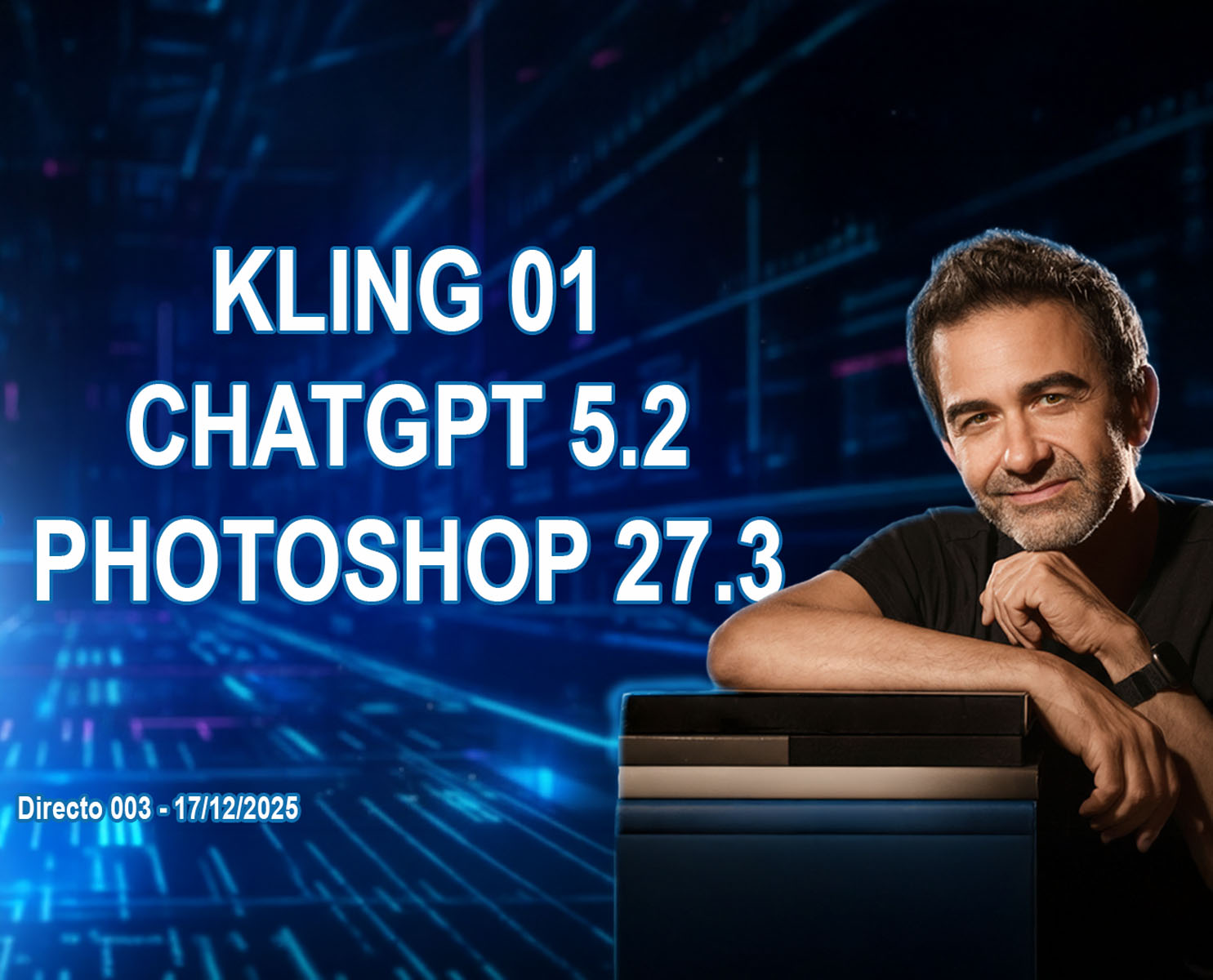 Israel Luri explicando las novedades de edición de video con IA y Photoshop Beta en pantalla.