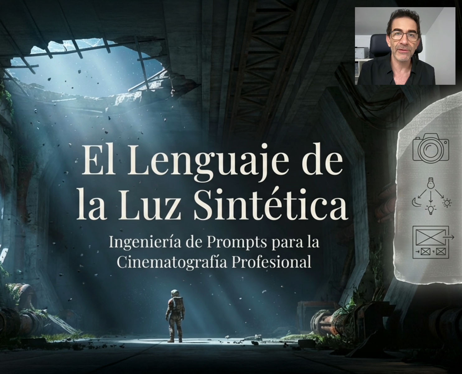 Un astronauta solitario de pie en una vasta estructura futurista en ruinas, iluminado por potentes haces de ingeniería de prompts para cinematografía que atraviesan el techo colapsado.
