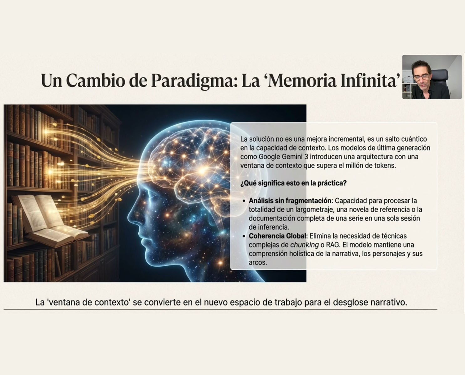 Representación de un flujo de gestión documental masiva con Gemini Gems donde un cineasta analiza guiones complejos rodeado de interfaces holográficas y luz sintética profesional