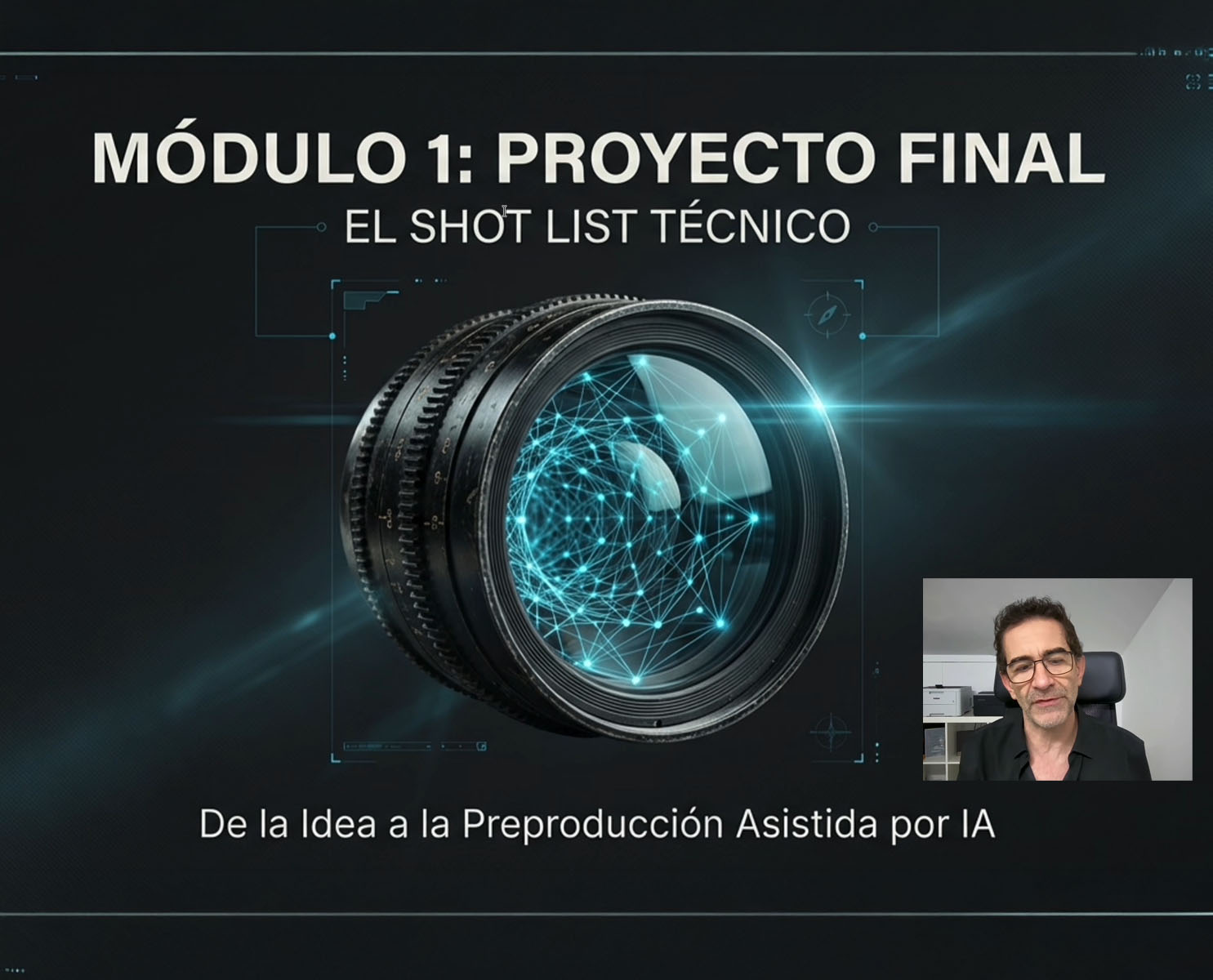 Cineasta digital configurando un asistente de automatización de flujos de trabajo con IA, visualizando esquemas de iluminación y desgloses de guion técnico en un entorno de trabajo de alta tecnología.