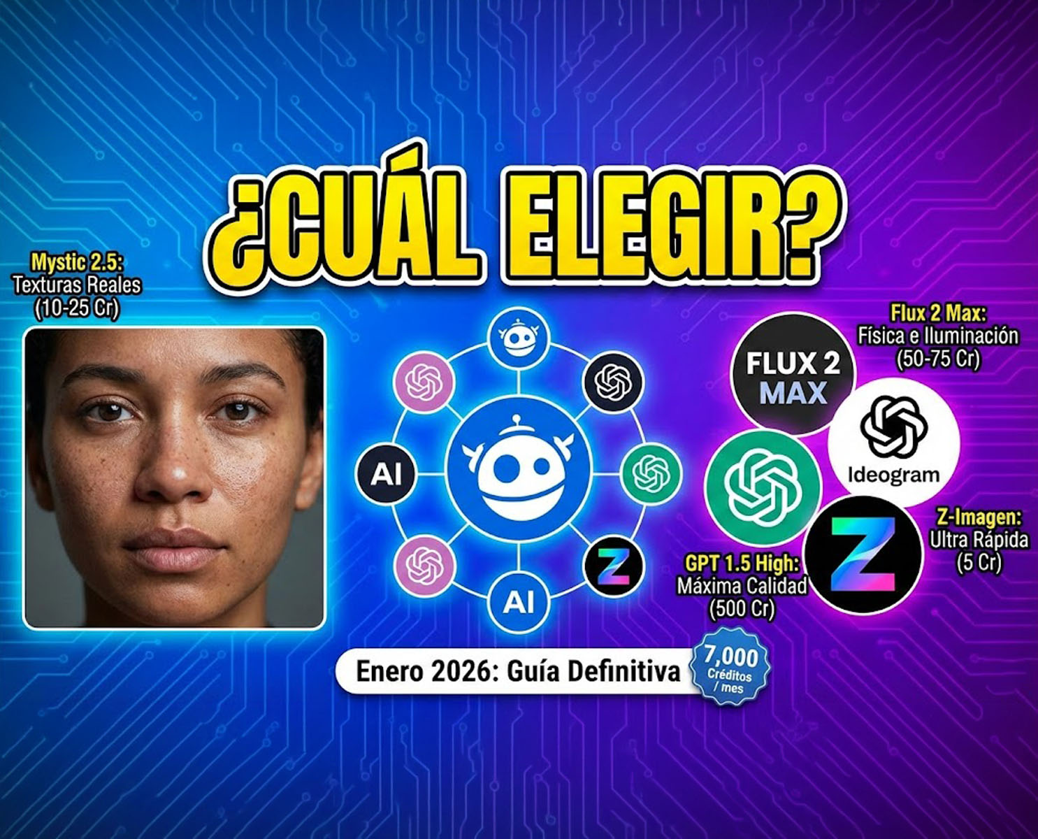 Cuadro comparativo de modelos de generación de imágenes con IA en la interfaz de Freepik destacando resoluciones 4k y costes de créditos