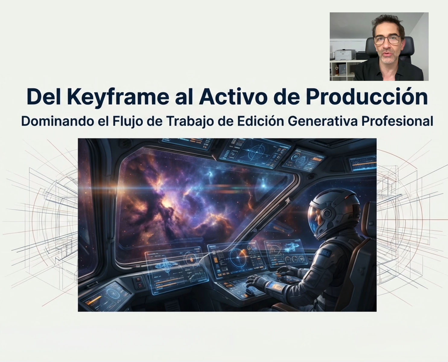 Interfaz de un programa de edición generativa con IA donde se aplica un pincel inteligente para cambiar la ropa de un personaje en un entorno cinematográfico.