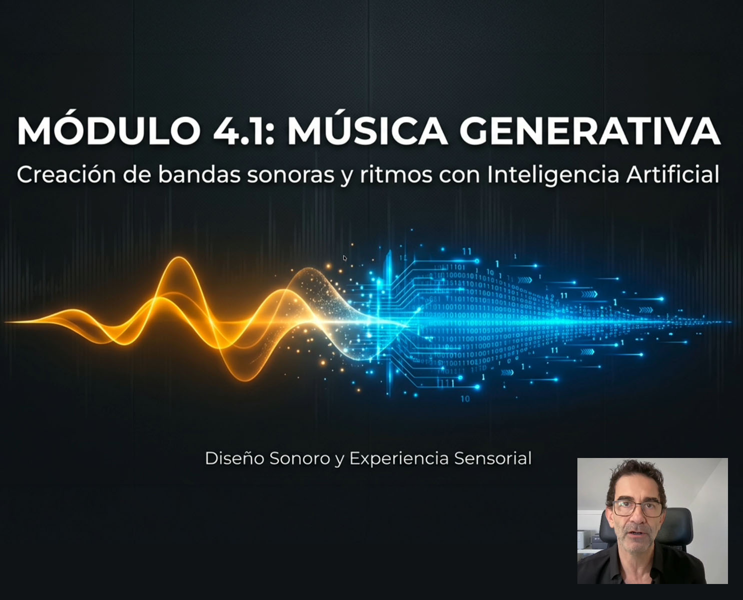 música generativa con inteligencia artificial representada mediante ondas sonoras y datos digitales