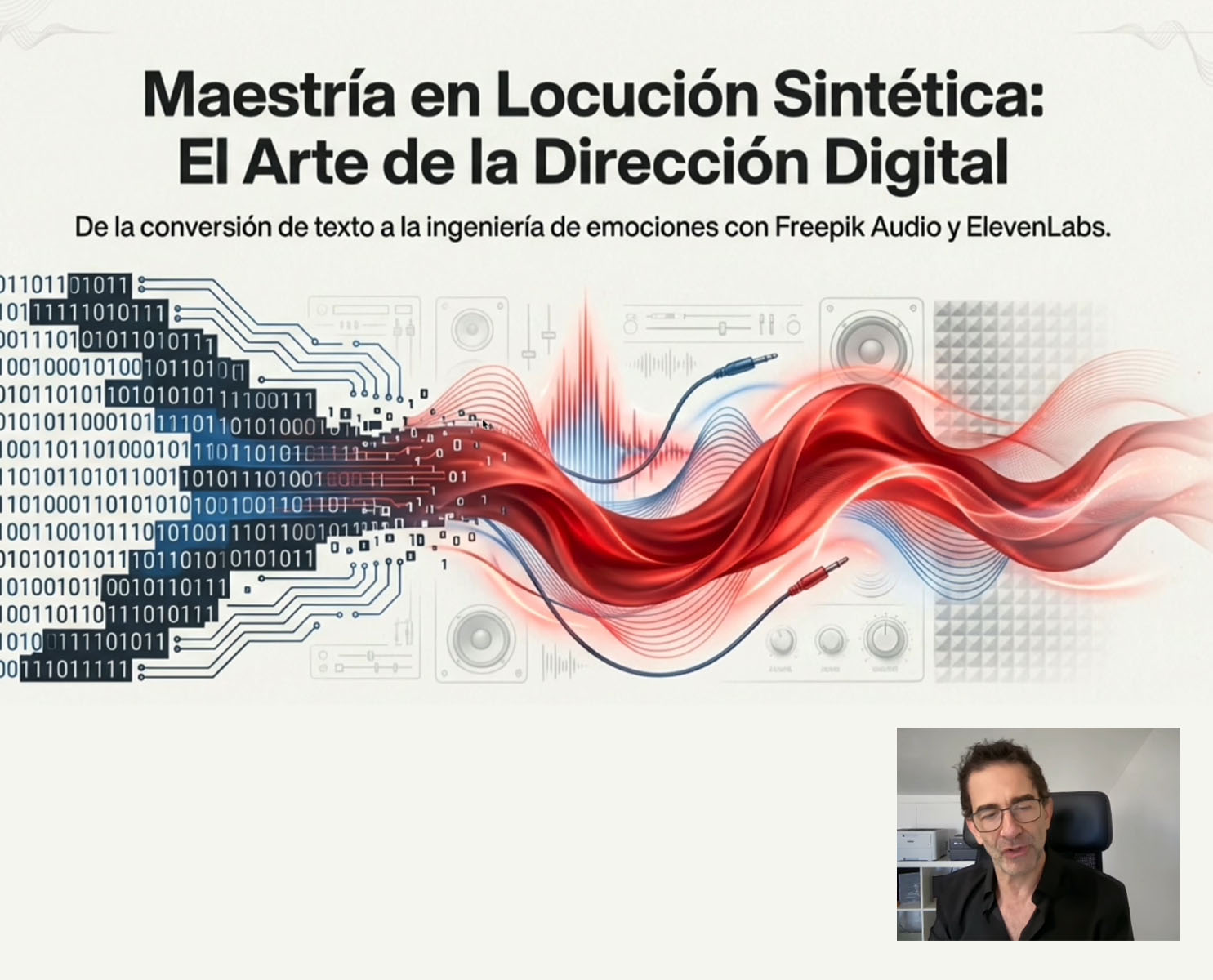 locución sintética con inteligencia artificial representada mediante ondas sonoras y datos digitales en flujo