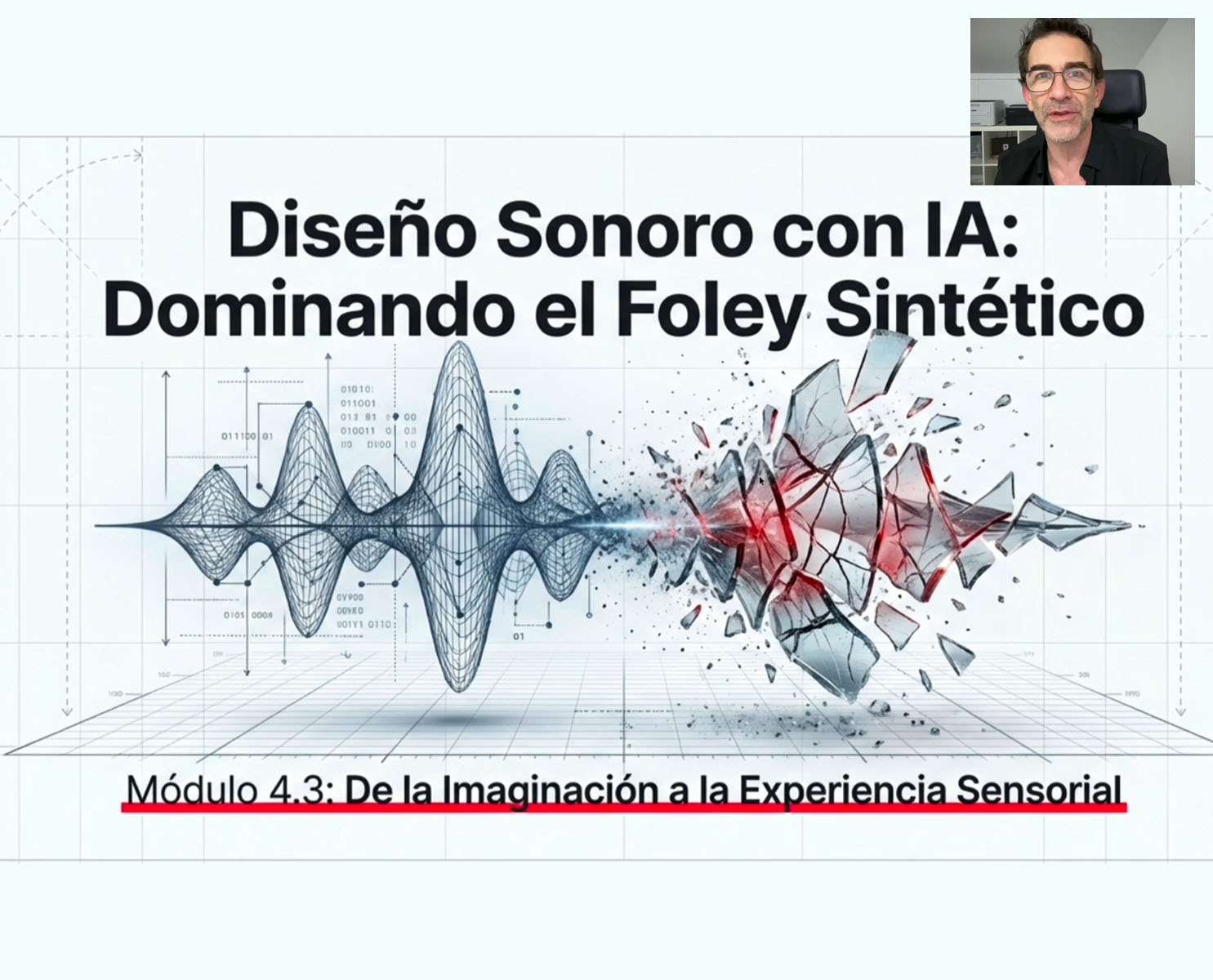 diseño sonoro con inteligencia artificial representado mediante ondas sonoras y fragmentación visual tipo foley sintético