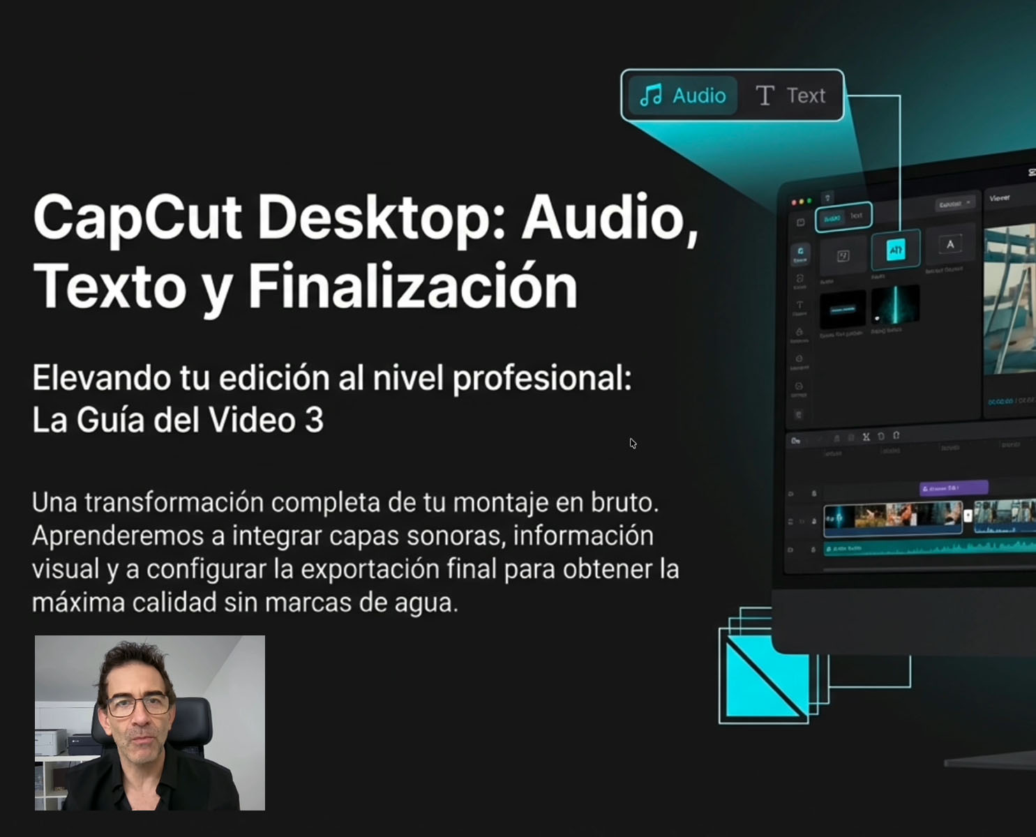 CapCut Desktop mostrando integración de audio, texto y opciones de exportación en la edición de vídeo