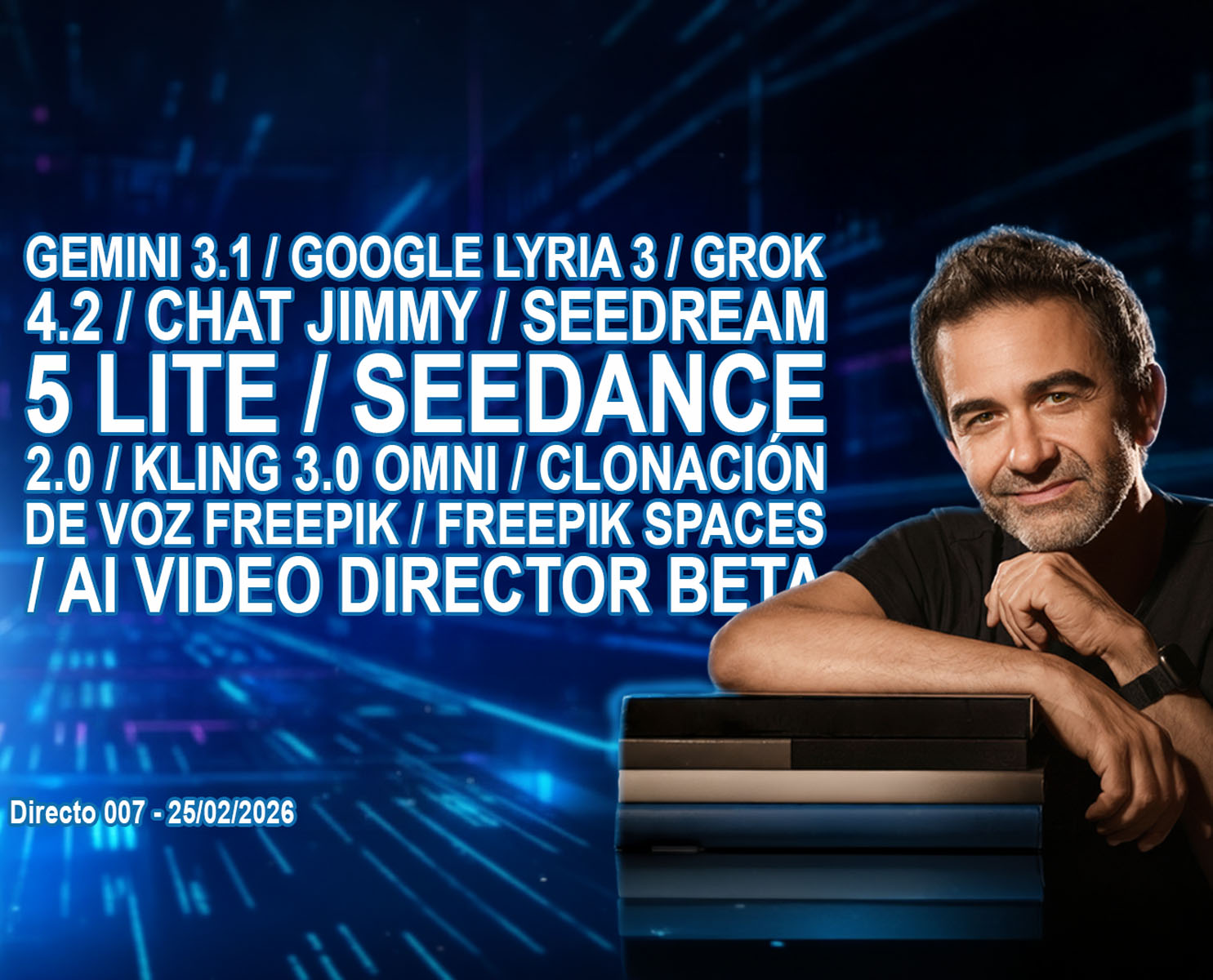 Israel Luri presenta las novedades de IA en el Directo 007: Análisis de Gemini 3.1, Google Lyria 3, Grok 4.2 y Kling 3.0 para fotógrafos y editores.