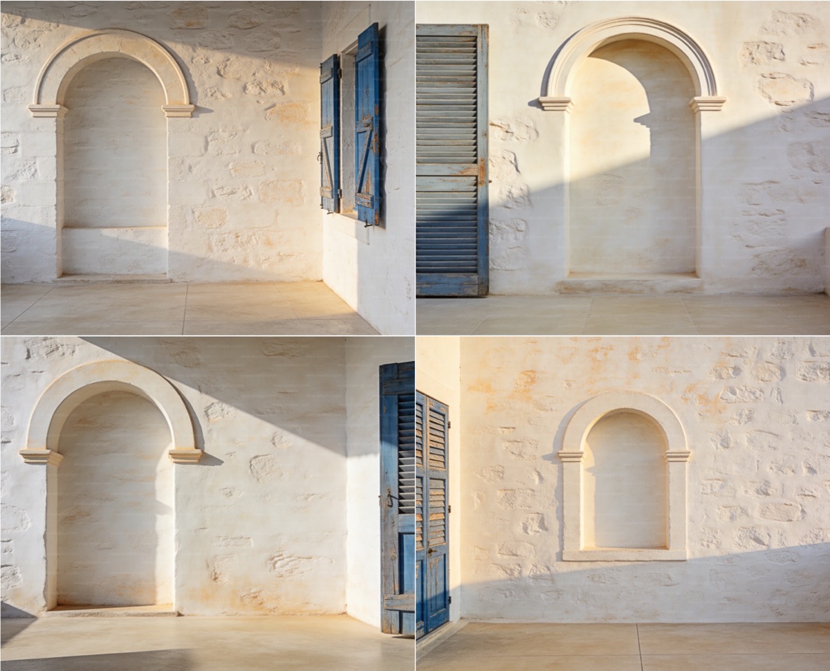 Fondos de patios mediterráneos con paredes de cal blanca, arcos y sombras laterales cálidas