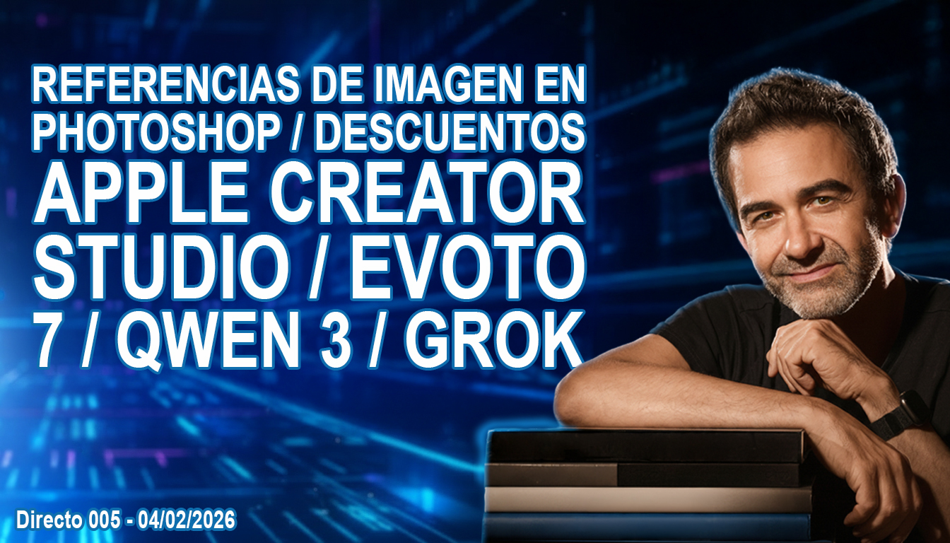 Israel Luri posando en la miniatura del directo 005 sobre las novedades edición IA 2026, con textos destacados sobre referencias en Photoshop, Evoto 7, Qwen 3 y Grok sobre un fondo tecnológico azul neón.