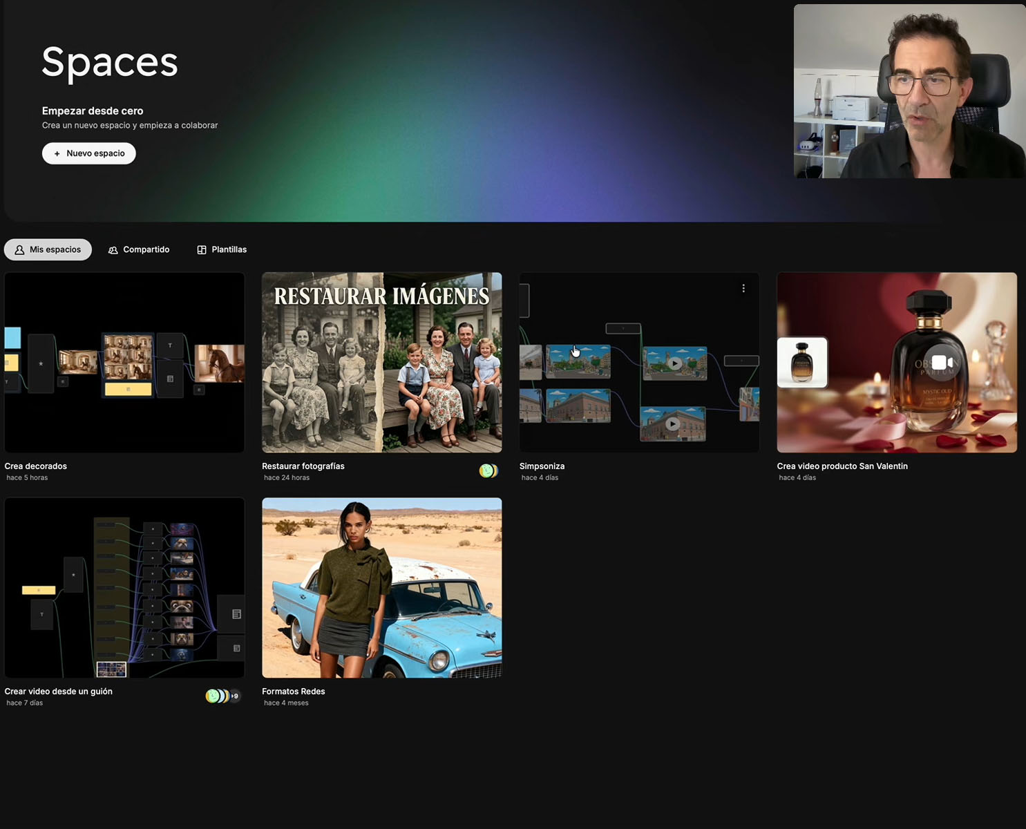 Captura de pantalla del tutorial sobre Spaces de Freepik mostrando la automatización de flujos de trabajo con inteligencia artificial para fotografía