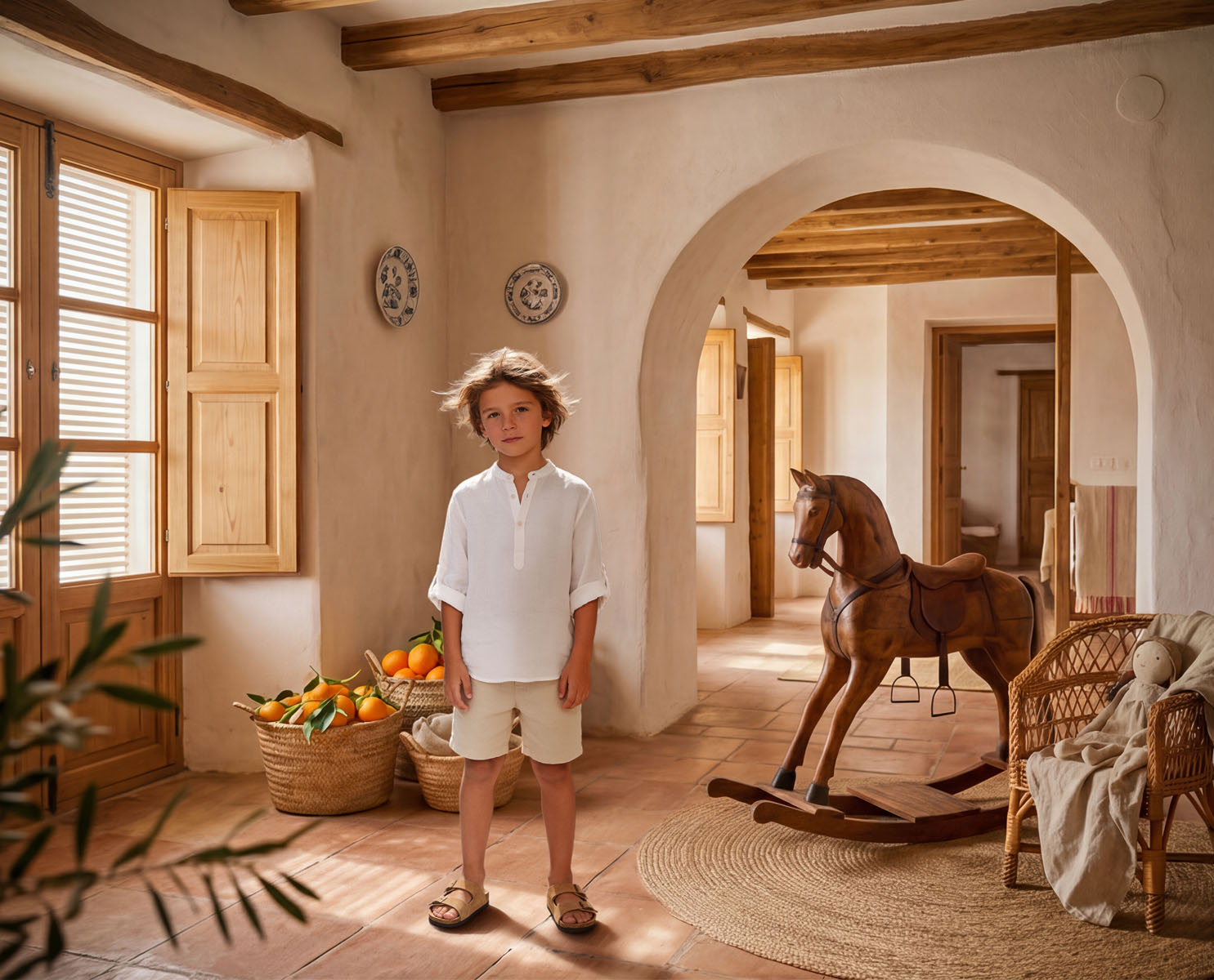 Fondo digital rústico para fotografía con caballo de madera y naranjas para edición de sesiones infantiles