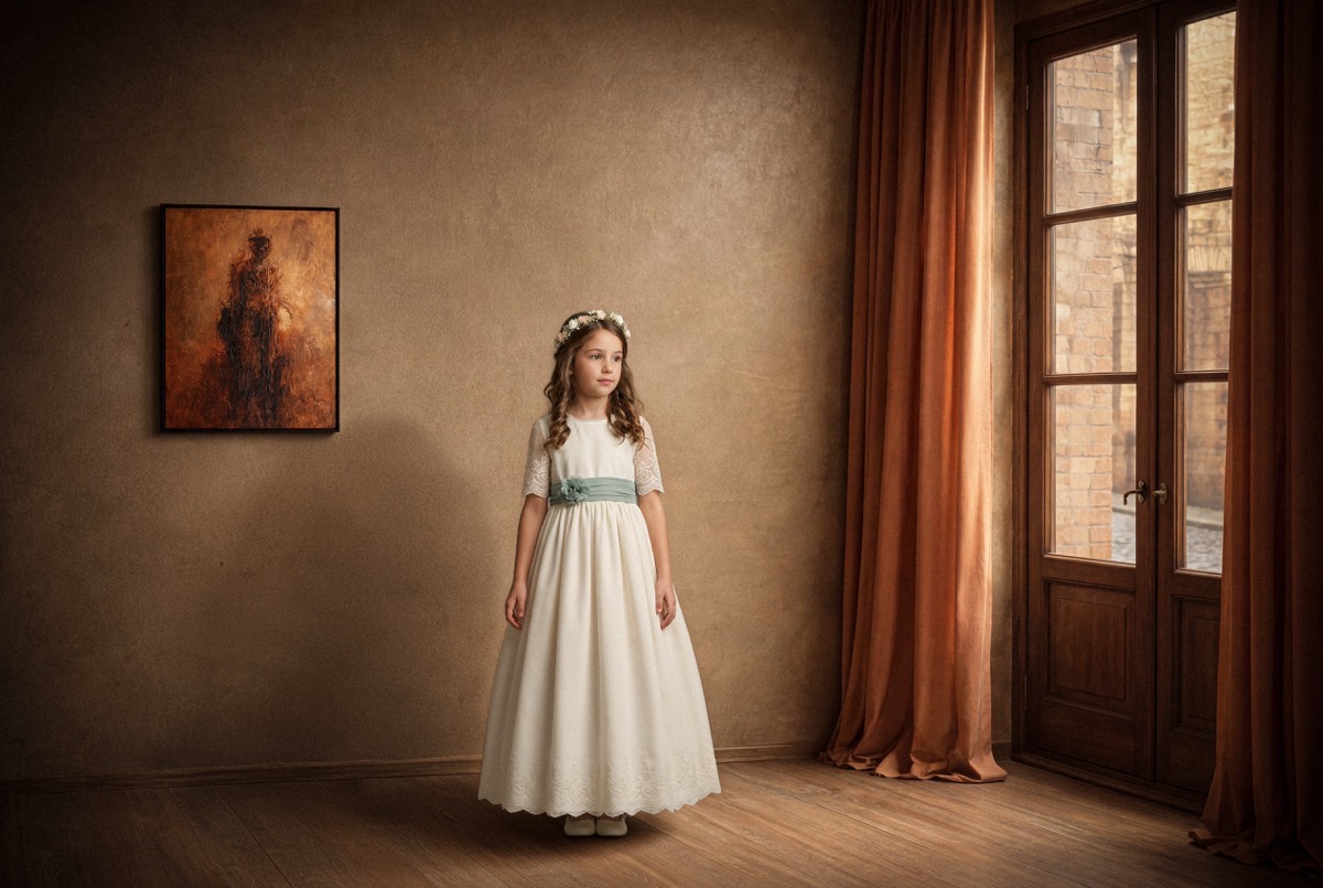 fondo fine art para retrato infantil con pared texturizada y ventana lateral clásica