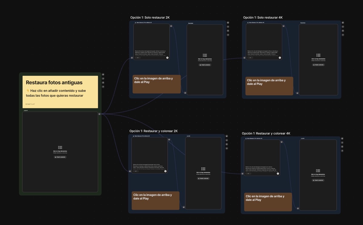 Interfaz de tablero de Freepik Spaces configurado para la restauración de fotos antiguas y coloreado automático mediante inteligencia artificial.