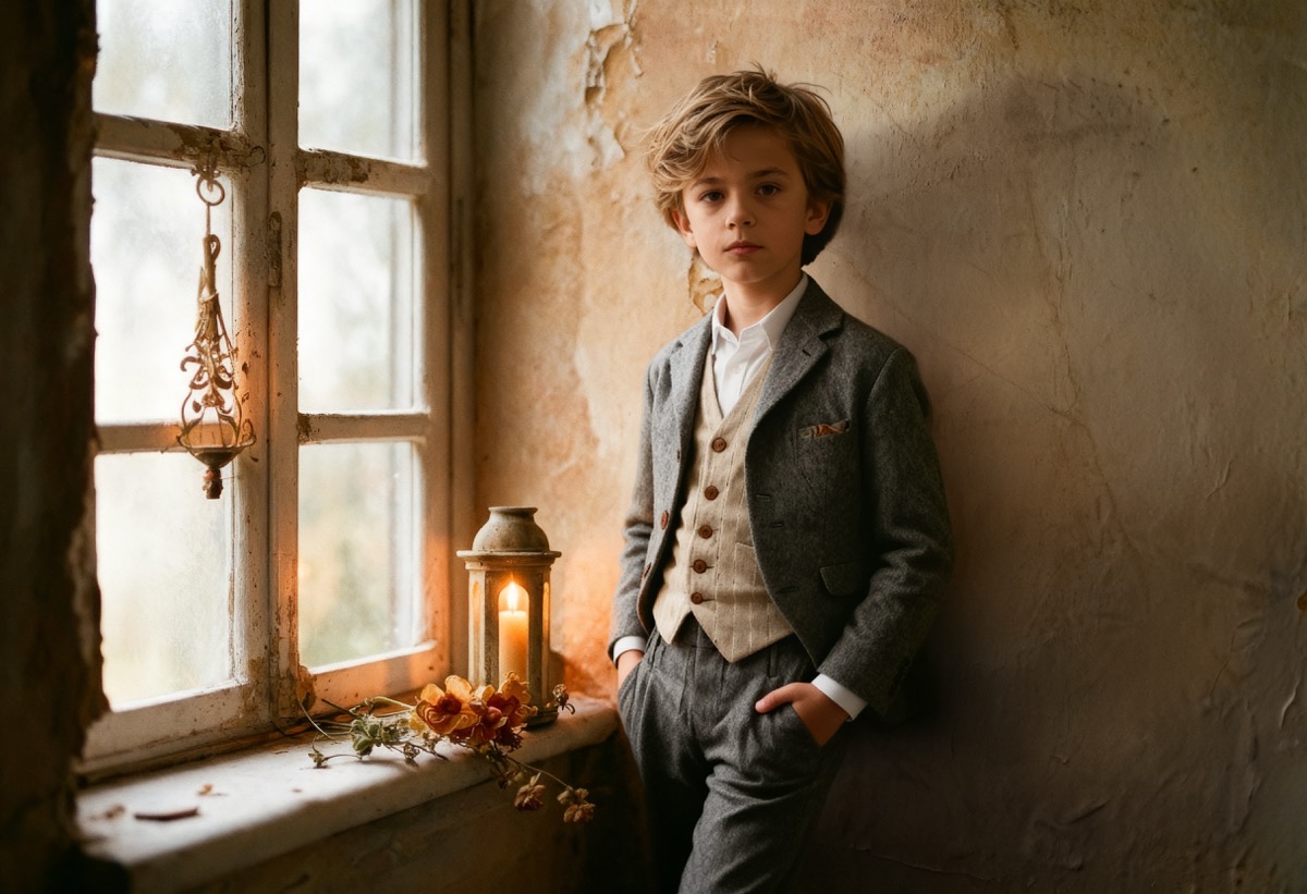 fondo vintage fine art para retrato infantil con ventana antigua y pared texturizada cálida