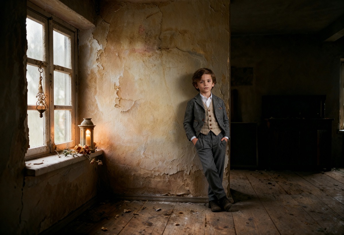 fondo vintage fine art para retrato infantil con ventana antigua y pared texturizada cálida