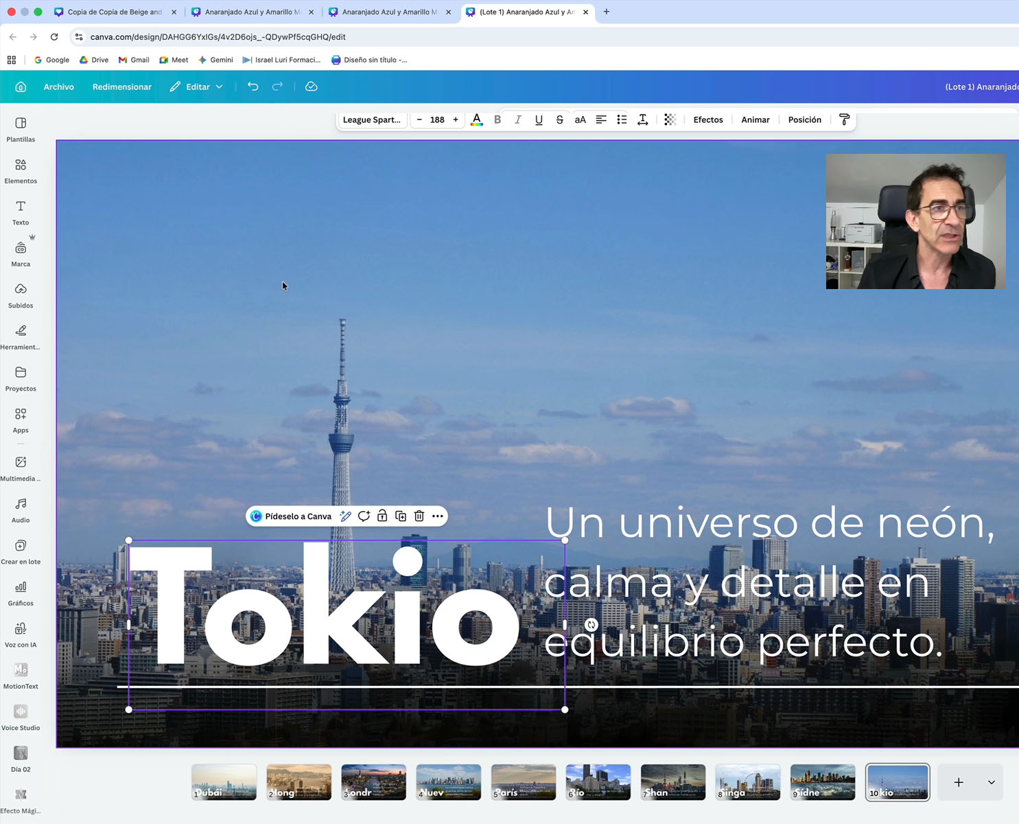 Canva avanzado con diseño de ciudad de Tokio, plantilla visual en formato horizontal y herramientas de edición para crear piezas de marca en lote.
