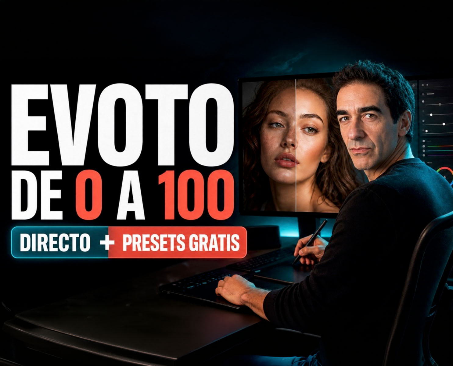 Interfaz de Evoto AI para fotógrafos con herramientas de selección inteligente, revelado de color y retoque de retrato